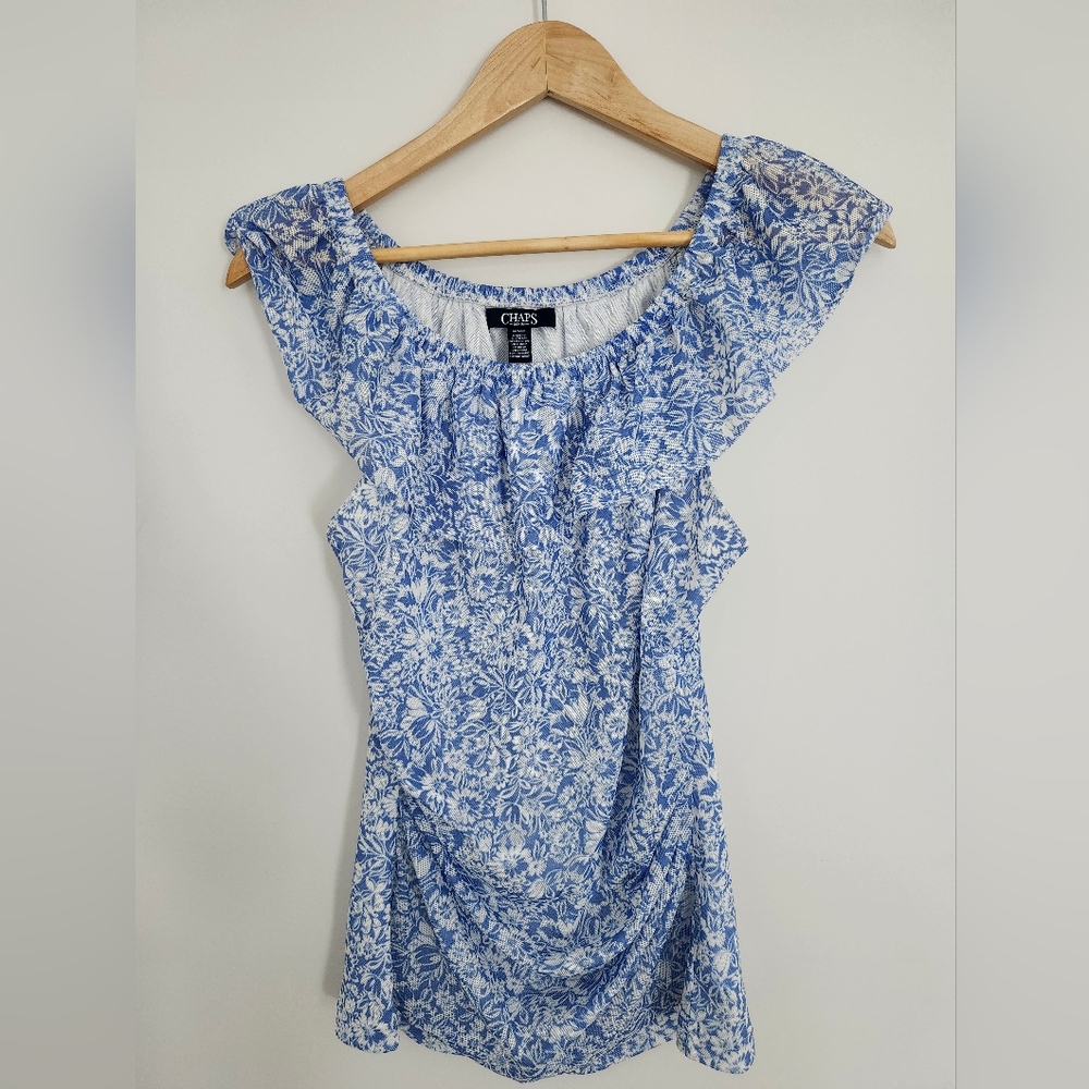 Chaps by Ralph Lauren Blue White Floral Mesh Ruffle Top Blouse Shirt 
